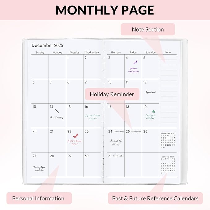Pocket Calendar 2026-2027, Pocket Planner 2026-3.7" x 6.7" - Runs from July 2025 Until December 2027, Monthly Planner 2025-2027 with PVC Cover for Planning, Pink