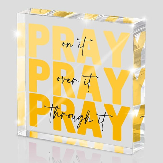 Yellow Dorm Room Decor for Women, Ideal Christian Gifts for Women - Pray On It,Pray Over It - Bible Verse Desk Art, Inspirational Decor, Desk Decorations for Office, 4 x 4 inches（Yellow）
