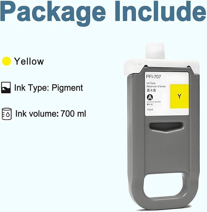 PFI-707 Ink Cartridge PFI707 Ink Tank Compatible with Canon imagePROGRAF PF830, iPF840, iPF850 CAD Plotters 700 ML (1-Pack, Yellow)