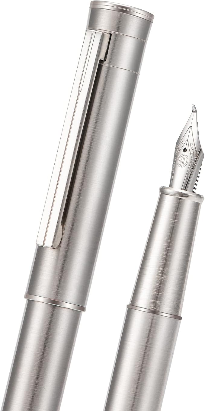 Hongdian 1861 Stainless Steel Fountain Pen Bent Nib, Classic Design Smooth Writing Pen with Converter and Metal Pen Case Set