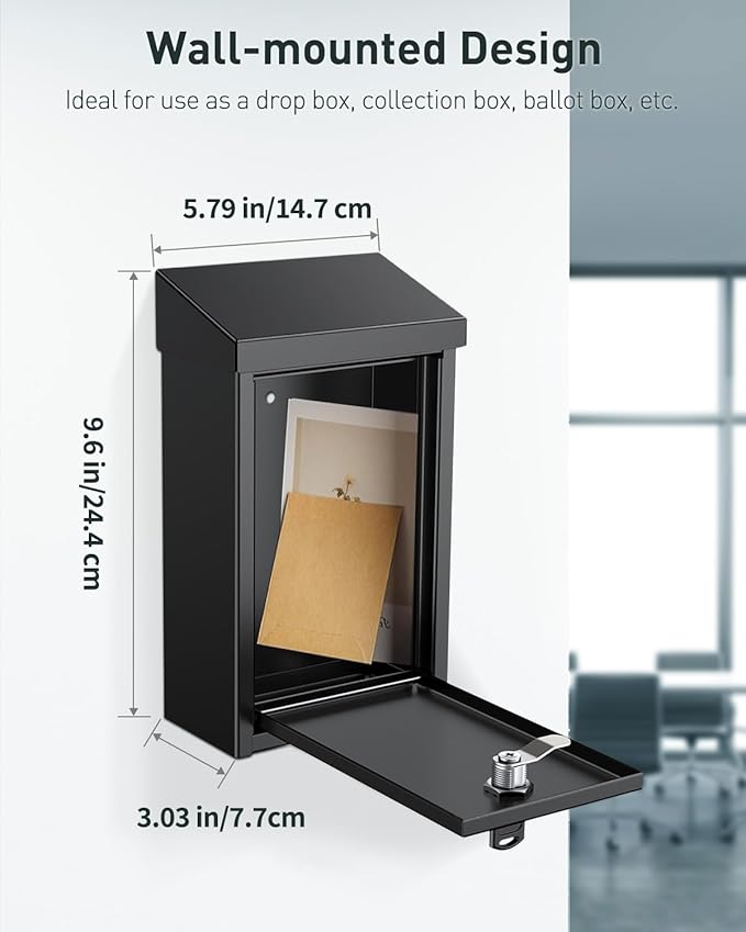 Uniclife Black Metal Donation Box Wall Mounted Mailbox with Top Slot, Collection Box with Key Lock, Safe Suggestion Box, Key Drop Box for Outside, Steel Cash Drop Box for Home Office and Business