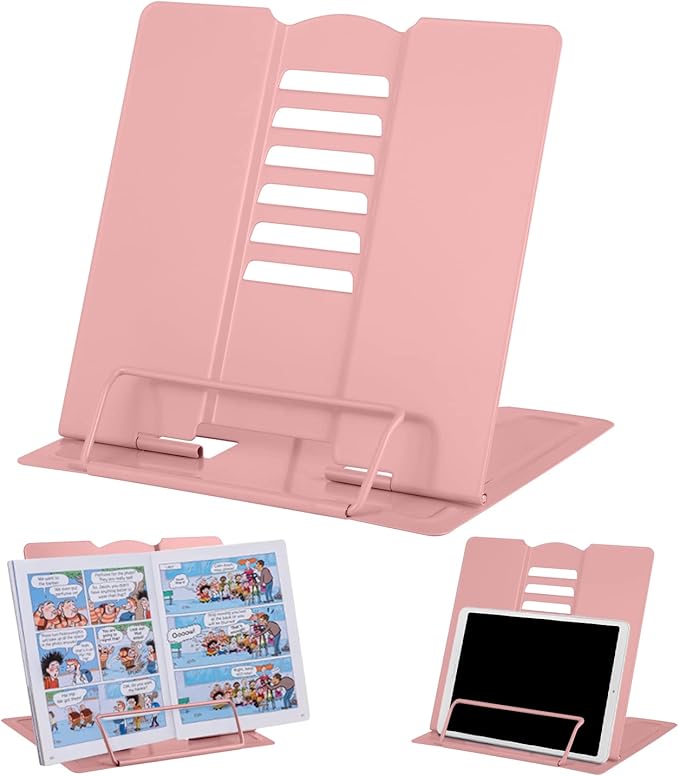 MSDADA Desk Book Stand Holder for Reading, Adjustable Cookbook Stand,Metal Reading Stand for Textbooks Recipes Music Books Tablet, Gifts for Kids Girls 8-12 (Morandi Pink)