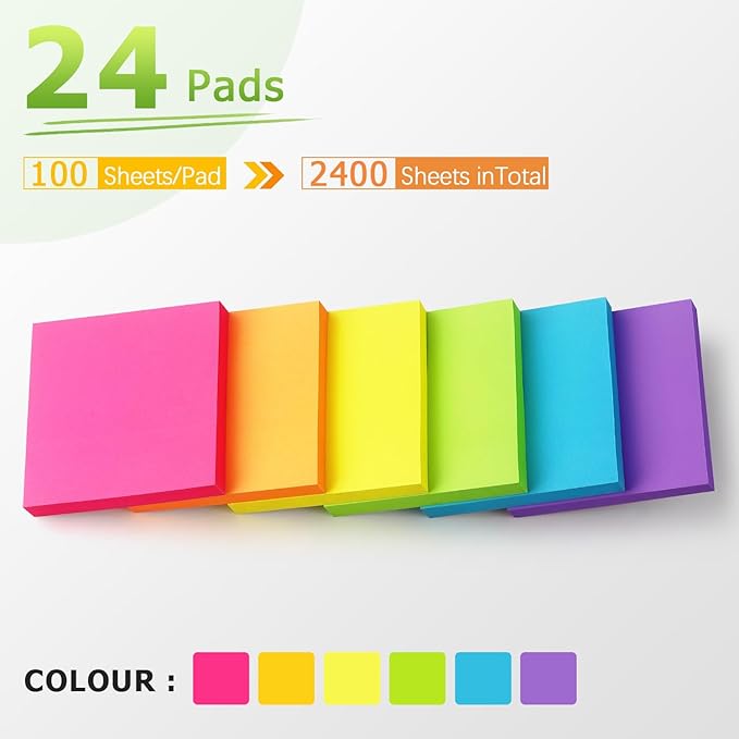 Pop Up Sticky Notes 3x3 inch Bright Colors Self-Stick Pads 24 Pads/Pack 70 Sheets/Pad Total 1680 Sheets