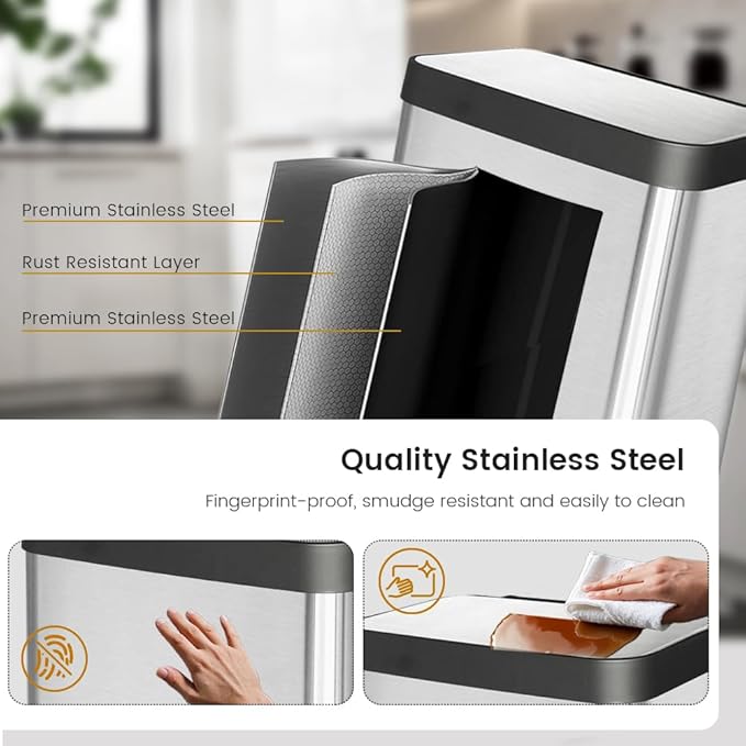 50 Liter / 13 Gallon Trash Can, Fingerprint Proof Stainless Steel Kitchen Trash Can with Removable Inner Bucket, Step Trash Bin for Home Offices and Public Areas