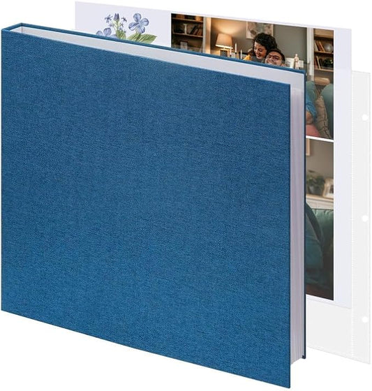 Vienrose 12x12 Inch Large 3 Ring Binder Scrapbook Photo Album, Linen Cover DIY Scrapbooks with 50 Sheets Plastic Sleeves 100 Pages Blank White Inner Pages for Wedding Birthday Baby Travel Blue