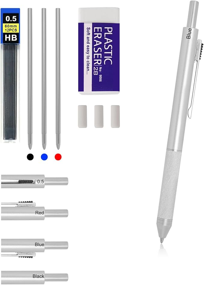 4-in-1 Four-Color Multifunctional Pen, Black/Red/Blue Ballpoint Pen and 0.5mm Mechanical Pencil, Metal Case Pen, Great Gift for Friends, Loved Ones (Silver)