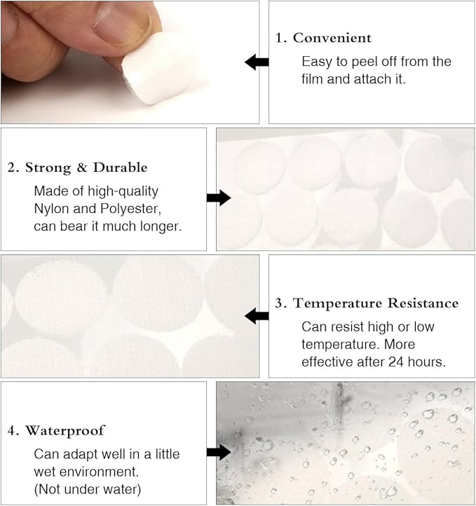 400pcs (200 Pair Sets) 15mm Diameter Sticky Back Hook, Self Adhesive Dots Loop Tapes for DIY Crafts Office Classroom (White)