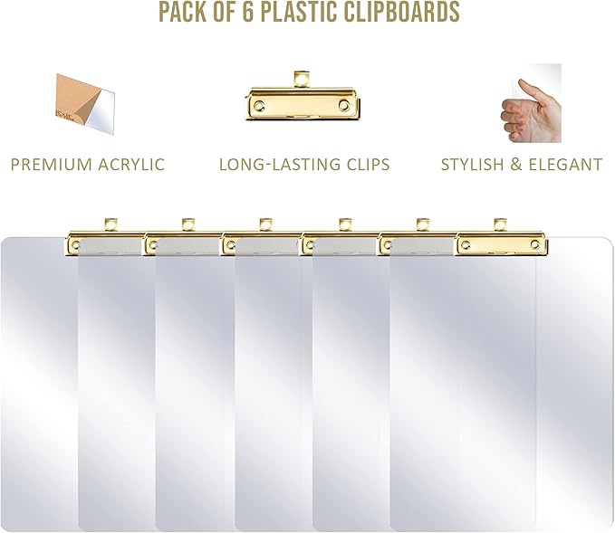 PERFORMORE 6 Pack of Plastic Clipboards, 12” x 9” Clear Acrylic Clipboards with Gold Clip, Durable Stylish Clipboard with Low Profile Clip, Perfect for Home School Classroom Office Events Seminars