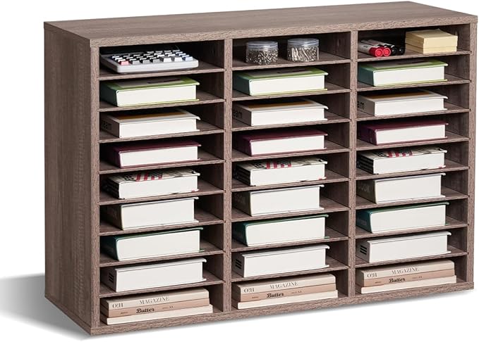VEVOR Literature Organizer, 27 Compartments Office Mailbox with Removable Shelves, Wood Mailbox Sorter Particle Board Office Home Classroom Storage, File Sorter for File, Document, Paper, Black-Grey