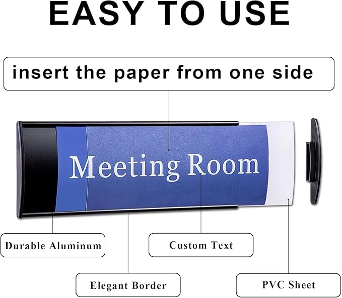 5Pcs Office Name Plates Holder for Doors, 3” X 8” Curved Wall Mount Door Sign Holder, Black Aluminum Sign Holder for Office Wall with Plastic Film and Adhesive Tape