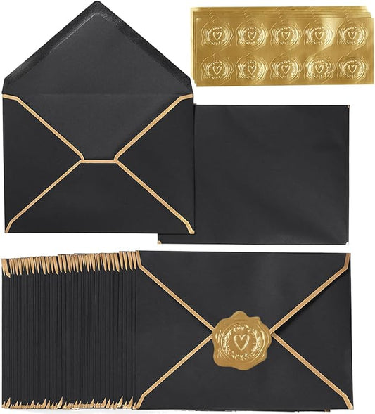 100 Pack A7 Envelopes 5 x 7 Card Envelopes V Flap with Gold Border for Office, Wedding Gift Cards, Invitations, Graduation, Baby Shower, Parties (5.32 x 7.28 Inches, Black)