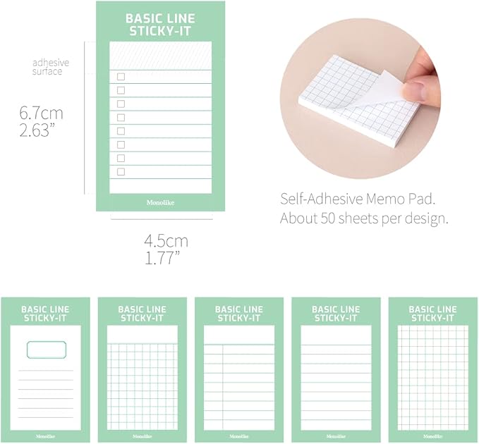 Monolike Basic Line Green Sticky-it - 6p Set Self-Adhesive Memo Pad 50 Sheets