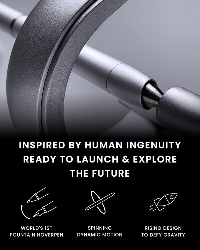 novium Hoverpen Future Edition - Luxury Fountain Pen & Rollerball Pen All-In Gift Box, Fine Nib, Futuristic Aesthetic, Aerospace Metal Made, Free Spinning Executive Pen, Mens Gift Ideas (Frost Silver)