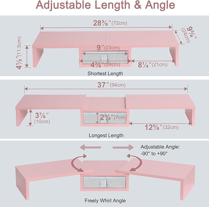 TEAMIX Pink Dual Monitor Stand Riser with Drawer - Length and Angle Adjustable Double Corner Desk Shelf Organizer 37 inch for 2 Laptop/PC/Screen/TV