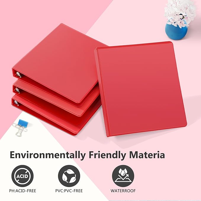 ViVin Sturdy 1 Inch D Ring Binders, 3 Ring Binders with 2 Pockets, Hold 225 Sheets of US Letter Size Paper for Office,Home,School, 6 Pack (Red)
