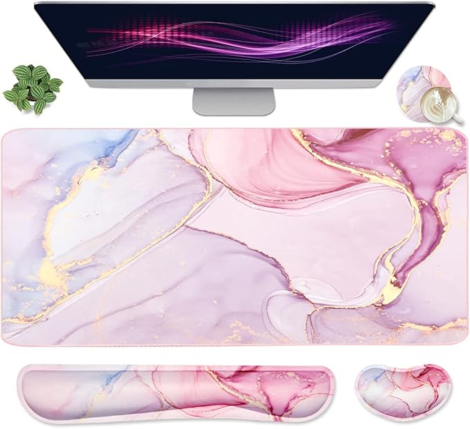 Large Mouse Pad and Keyboard Wrist Rest, Desk Pad for Keyboard and Mouse, 4-in-1 Large Gaming Mouse Pad with Wrist Support, Non-Slip Desk Mat for Home Office Study Game-Pink Marble