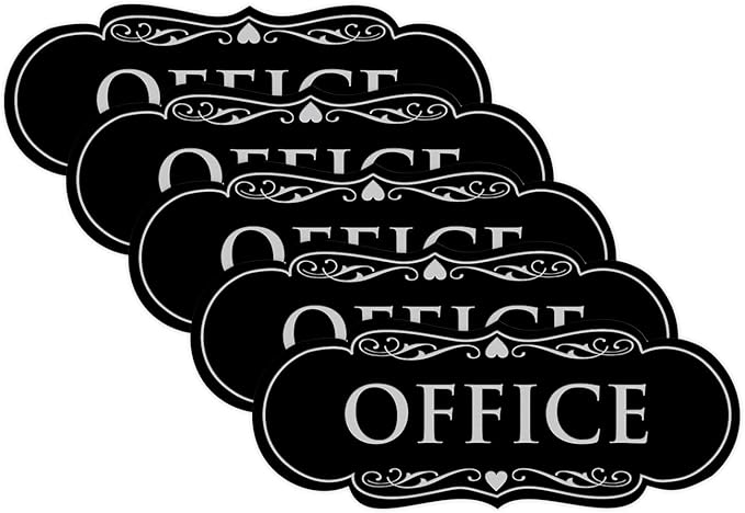 All Quality Designer Office Sign | Easy Installation - Black/Silver - Large (5 Pack)