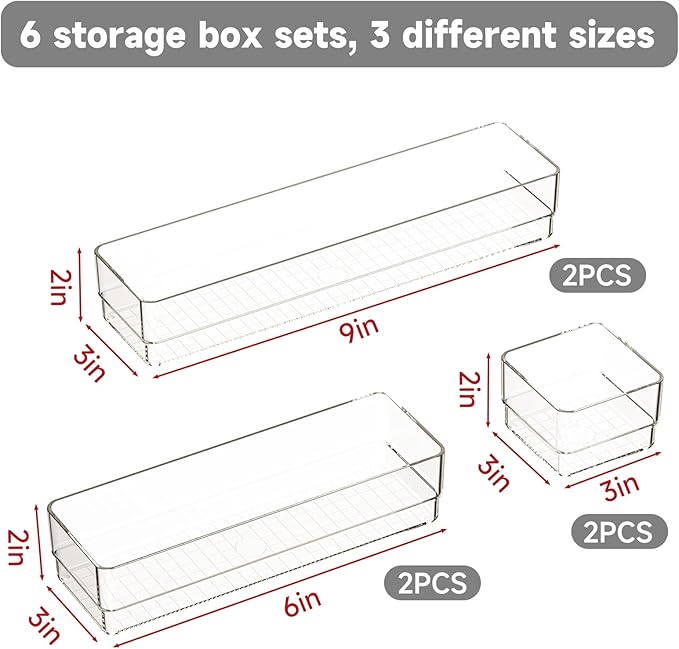 6 PCS Clear Plastic Drawer Organizer Set, 2 Sizes Acrylic Drawer Storage Trays Non Slip Storage Bins for Makeup, Jewelry, Gadgets for Kitchen, Bedroom, Bathroom, Office
