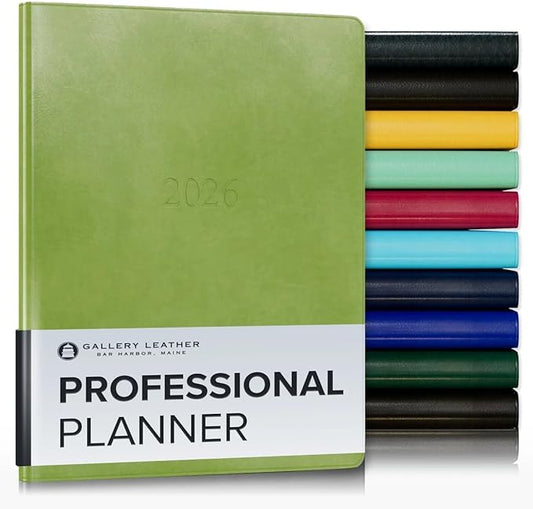 Gallery Leather Professional Weekly Monthly Planner 2026, Elegantly Bound Calendar Planner and Notebook with Stylish Gold-Gilded Page Edges, 12 Months - Acadia Lime - 9 x 7 "