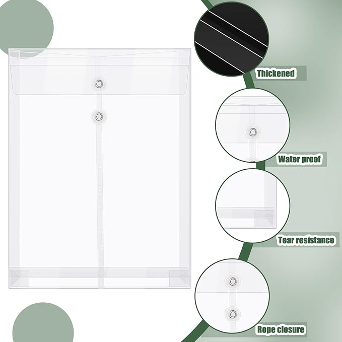 50 Pcs A4 Size Clear Plastic Poly Envelopes with String Closure, Expandable Files Document Folder, Reusable Large Capacity File Bag for School Office and Home(50 Pcs)