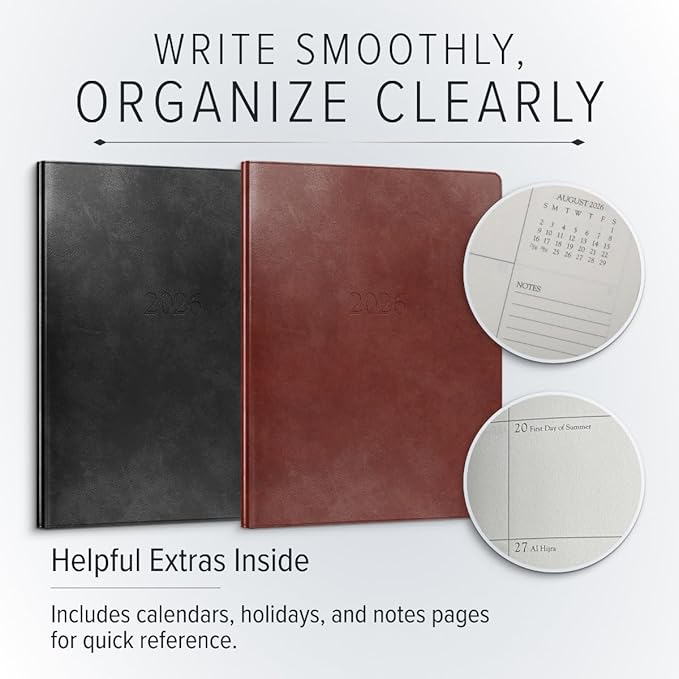 Gallery Leather Large Weekly Monthly Planner 2025-2026, Elegantly Bound Calendar Planner and Notebook with Stylish Gold-Gilded Page Edges, 12 Months - Acadia Black - 9.75 x 7.5 "