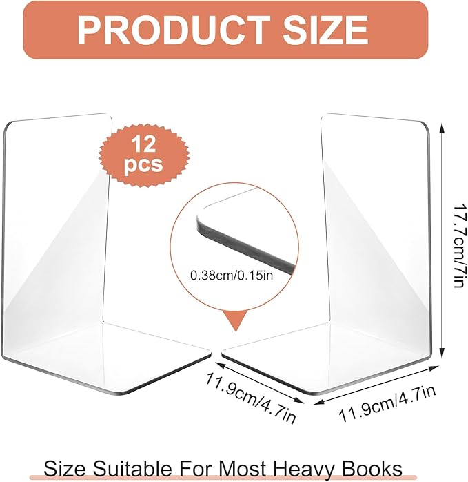 12Pcs Clear Bookends for Heavy Books,Acrylic Book Shelf Organizer for Desk,Plastic Heavy Duty Book Holders Standand Invisible Bookshelf Dividers Decorative,Suitable for Office Home Weighted Bookends