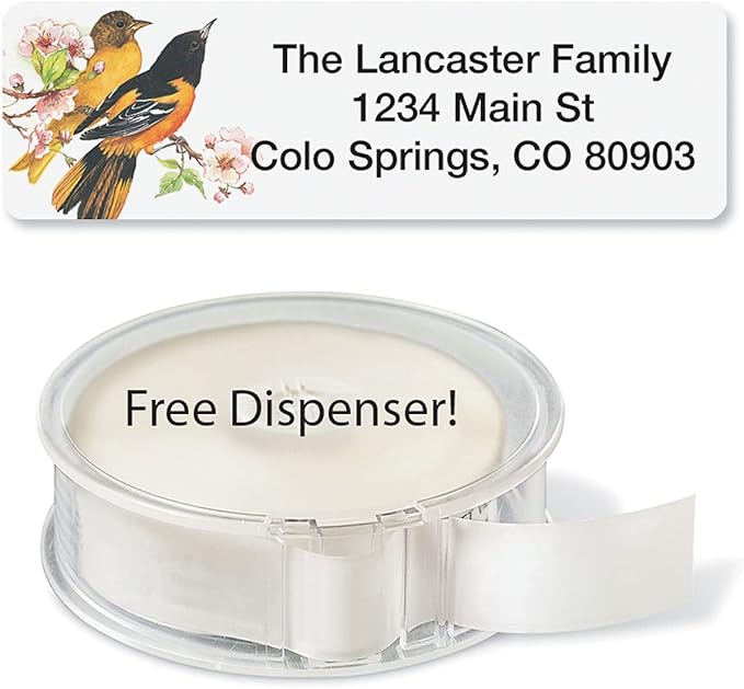 Meadow Birds Rolled Personalized Return Address Mailing Labels with Dispenser, Set of 250, 5 Designs, Small ¾ x 2½ Inch Size, Custom Self-Adhesive Sticker Roll, by Colorful Images