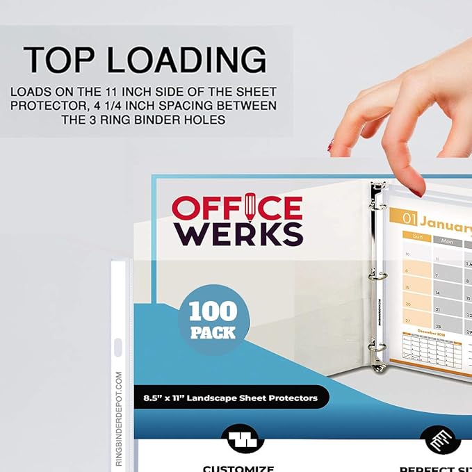 Performore 100-Pack Landscape Sheet Protectors | 11×8.5" Clear Top-Loading Sleeves | 3-Hole Punched, Acid-Free, Archival Safe Plastic for Binders, Scrapbooks, Photos & Documents