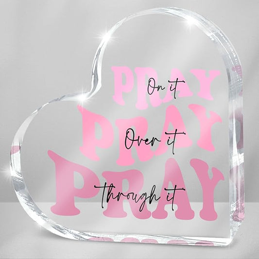 Pray on it Pray over it Pray through it Heart Acrylic Sign, Decorative, Pink Dorm Room Decor for Women, Pink Office Desk Accessories Decor Sign, Bathroom Acrylic Sign(Heart)