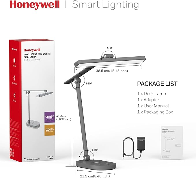 Honeywell Desk Lamp for Home Office, H4 Sunturalux™ Eye-Caring LED Desk Light, 700LM Dimmable Desk Lamp with Timer, Adjustable Desk Reading Light, Touch Auto Dimming Table Lamp for Study, Bedroom