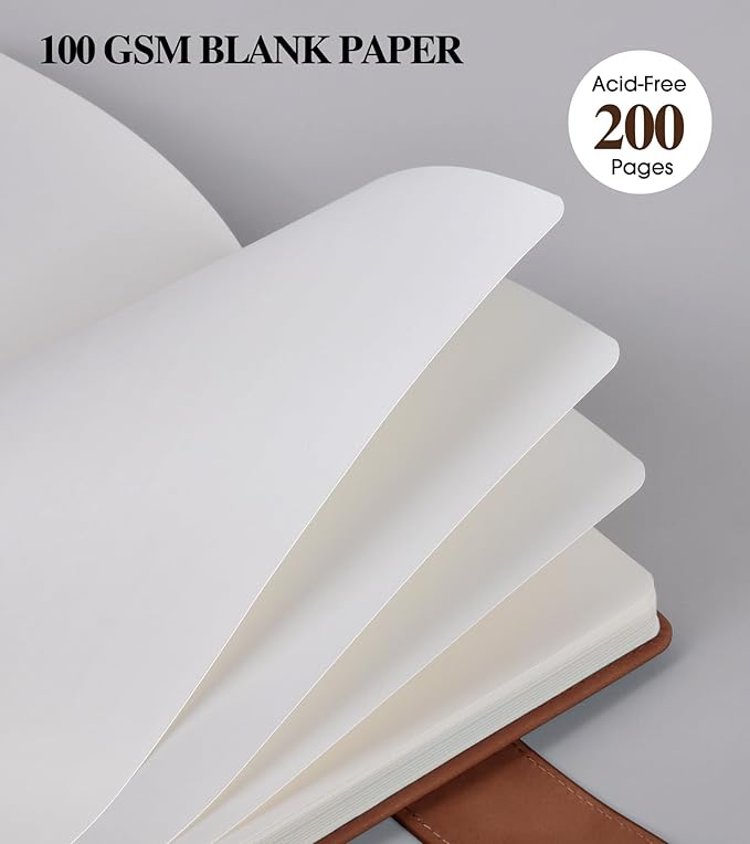 Blank Journal Notebook, A5 Hardcover Leather Sketchbook with 200 Pages Thick Blank Paper for Men Women, Unlined Drawing & Writing Journal, 5.9" x 8.4" Plain Notebook (dark brown)