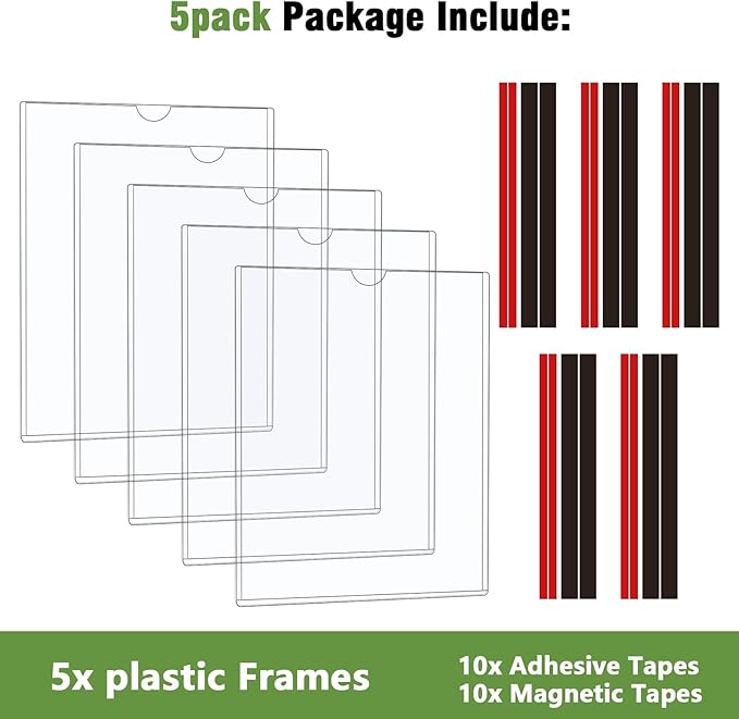 5pcs Wall Sign Holder 8.5"x11" Magnetic Sign Holder, Rigid Print Protectors with Magnet Strips and Adhesive Strips, Wall Mount Plastic Paper Holder for Office Store Home Window Display (Clear)