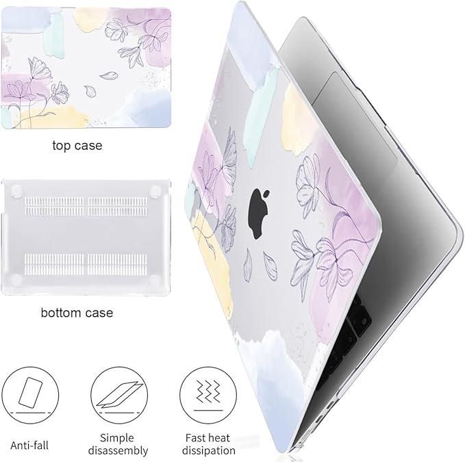 for MacBook Air 13.6 inch Case 2025 M4 A3240 2024 M3 A3113 2022 2023 A2681 M2 Chip, Crystal Plastic Pattern Hard Shell Case Cover for Mac Air 13.6 M4 2025 Touch ID, Watercolor Line Flowers