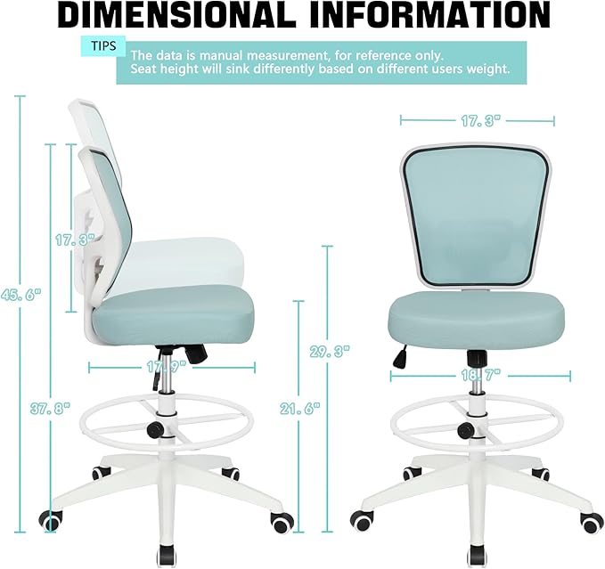 Drafting Chair Adjustable Height Tall Office Chairs Standing Desk Chair Rolling Stool Chair Armless Office Drafting Chair Blue