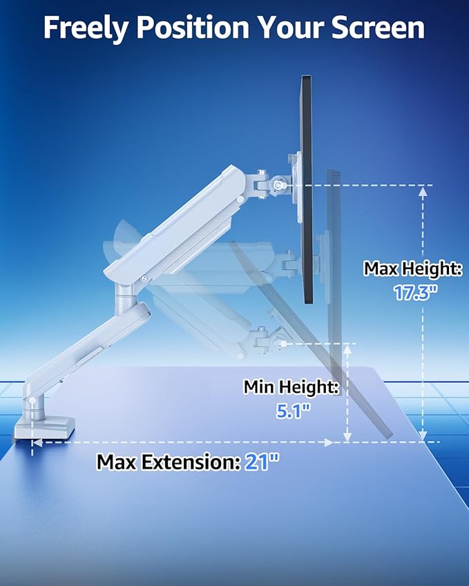 Single Monitor Mount for 22 24 27 32 inch Screen, Gas Spring Arm Holds 4.4-22 lbs, Monitor Desk Mount, Gaming & Home Office Use, VESA 75x75mm & 100x100mm, Freelift Pro White