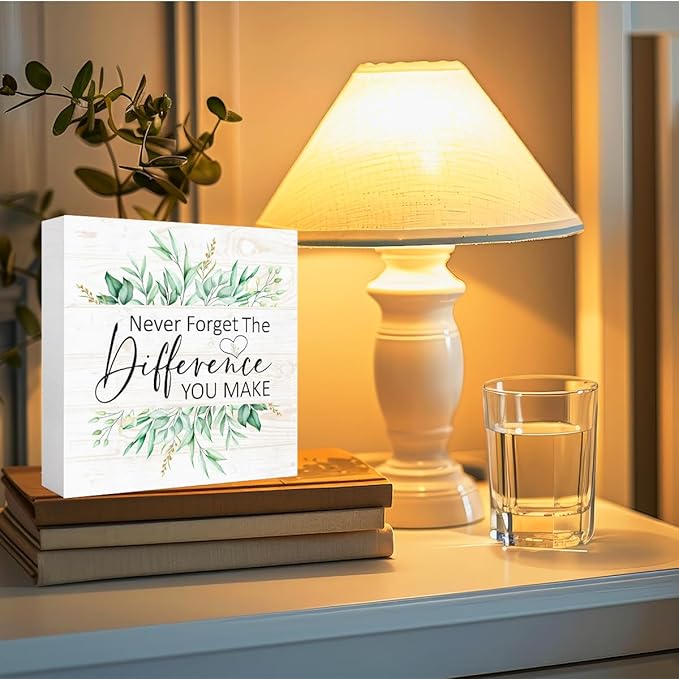 Never Forget The Difference You Make Sign Wood Box,Inspirational Reminders Sign Wooden Block for for Home Office Tabletop Shelf Decor 5" x 5",Motivational Desk Decor Accessories for Women