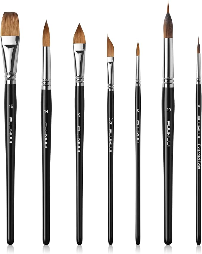 Sable Watercolor Brushes, Fuumuui 7pcs Professional Artist Paint Brushes Set with Extended Needle, Round Point, Flat, Dagger, Cat's Tongue for Watercolor, Acrylic, Gouache – Detail & Wash Painting