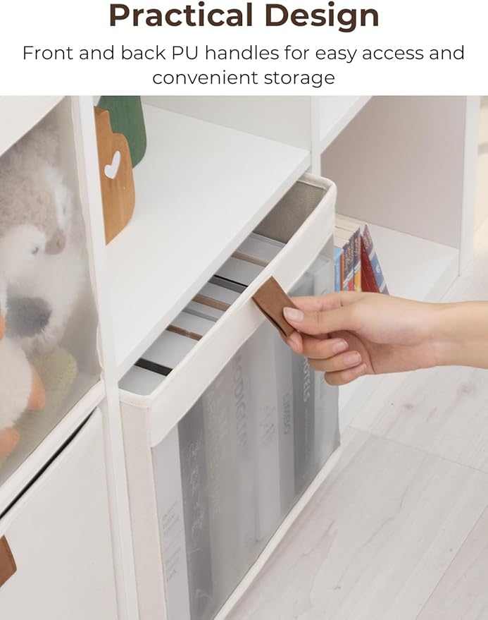 StorageWorks 13x13 Storage Cubes, Closet Storage Bins with Clear Window, Large Fabric Organizer for Clothes, Collapsible Storage Baskets with PU Handles, Beige, 3-Pack