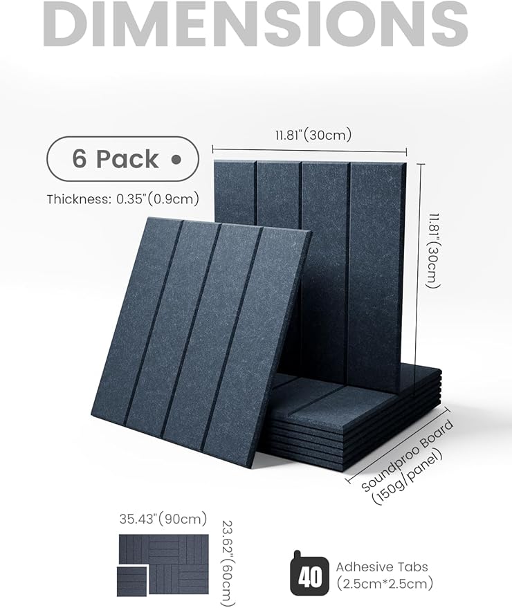 Felt Bulletin Board Tiles Large 36" x 24" Cork Board Alternative-6 Pack with 40 Adhesive Tabs, Slat Wall Panels for Office Decor, Push Pin Board Wall Organizer - Deep Charcoal Blue