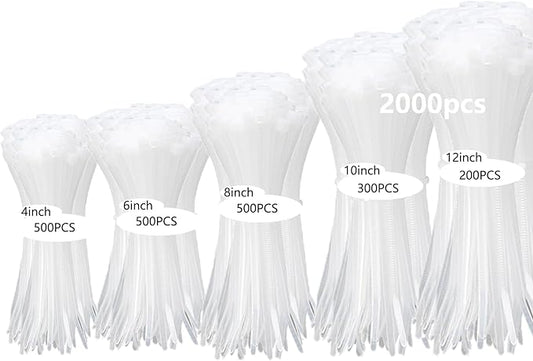 2000 PCS Zip Ties Assorted Sizes 4+6+8+10+12 Inch Self-locking Nylon Cable ties Heavy Duty Outdoor, UV Resistant Wire Straps for Home Office Garden Workshop Indoor Outdoor Fence((White)