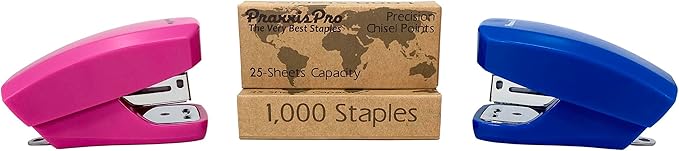 Aria Premium Mini Stapler Set by PraxxisPro - with Built-in Staple Removers, 2000 Standard Staples Included - for Office, School, and Travel, Set of 2, Blue & Pink