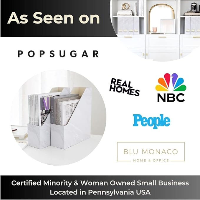 BLU MONACO Set of 4 Magazine Holders, White Marble Design with Gold Label Holders, File Holder for Desk, Magazine Storage for Home Office and Classroom