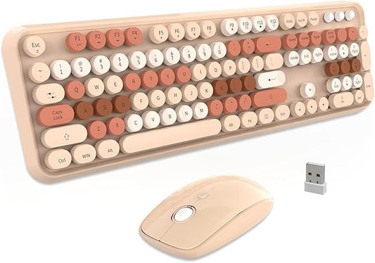 FD Wireless Keyboard and Mouse Combo | Cute Colorful Keyboard and Mouse with 2.4GHz Cordless Retro Typewriter Keyboard | Auto-Sleep | USB Receiver for Windows PC/Laptop - Creamy Colorful