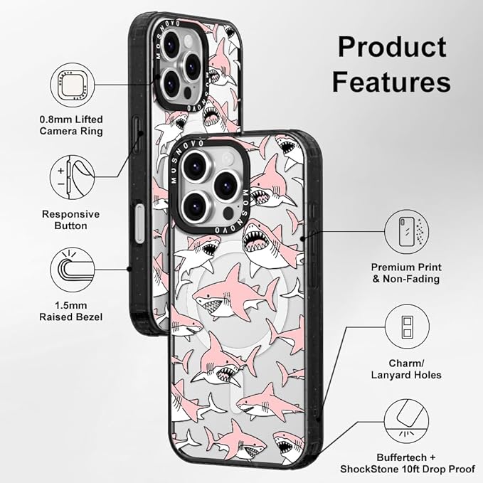 MOSNOVO Magnetic Case for iPhone 16 Pro, 10ft Military-Grade Protection, Compatible with Magsafe, Shockproof Phone Case for iPhone 16 Pro - Pink Sharks - Clear Black