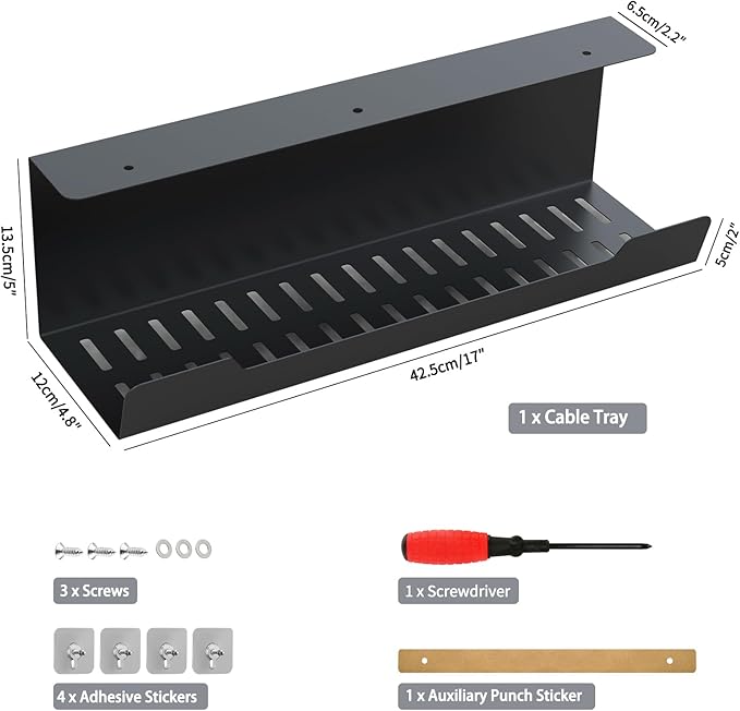 VIDOR Under Desk Cable Management Tray 1-Pack, 17" Cord Organizer, No Drill Alloy Steel, Perfect for Standing Desk, Wire Management for Office Home