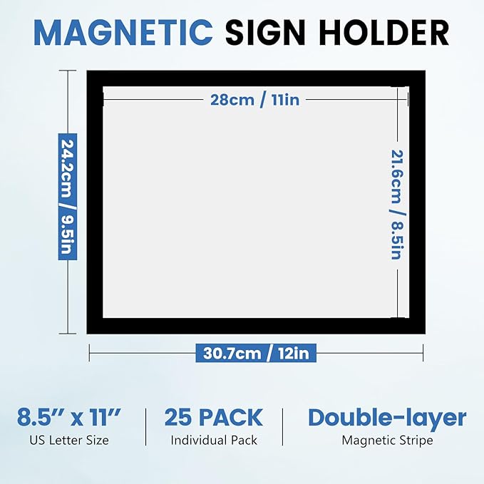25 Pack Magnetic Sign Holder, 8.5in x 11in Self Adhesive Wall Mount Magnetic Document Holder, Magnetism Border Sign Holder with Transparent PVC Front Cover