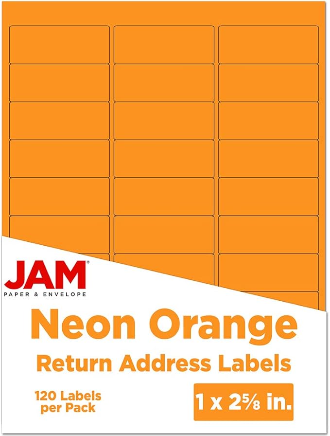 JAM PAPER Return Address Labels - Standard Mailing - 1 x 2 5/8 - Neon Orange - 120 Shipping Labels/Pack