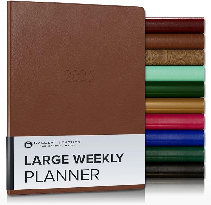 Gallery Leather Large Weekly Monthly Planner 2025-2026, Elegantly Bound Calendar Planner and Notebook with Stylish Gold-Gilded Page Edges, 12 Months - Monhegan Saddle - 9.75 x 7.5 "