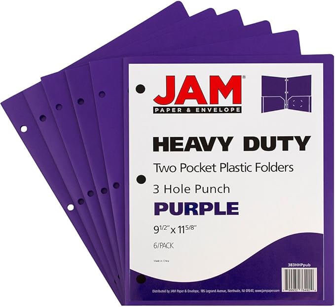 JAM PAPER Heavy Duty Plastic 3 Hole Punch Pocket Folders - Extra Tough School Folders - Purple - 6/Pack