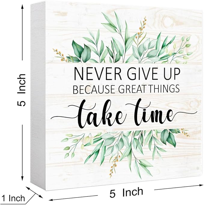 Never Give Up Sign Wood Box,Inspirational Quote Wooden Block Sign for Home Office Tabletop Shelf Decor 5" x 5",Motivational Desk Decor Accessories for Women